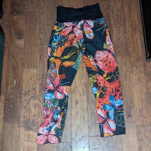 Desigual Butterfly Floral Foldover Waist Cropped Pants EU 34 Black Multicolor - Picture 7 of 13